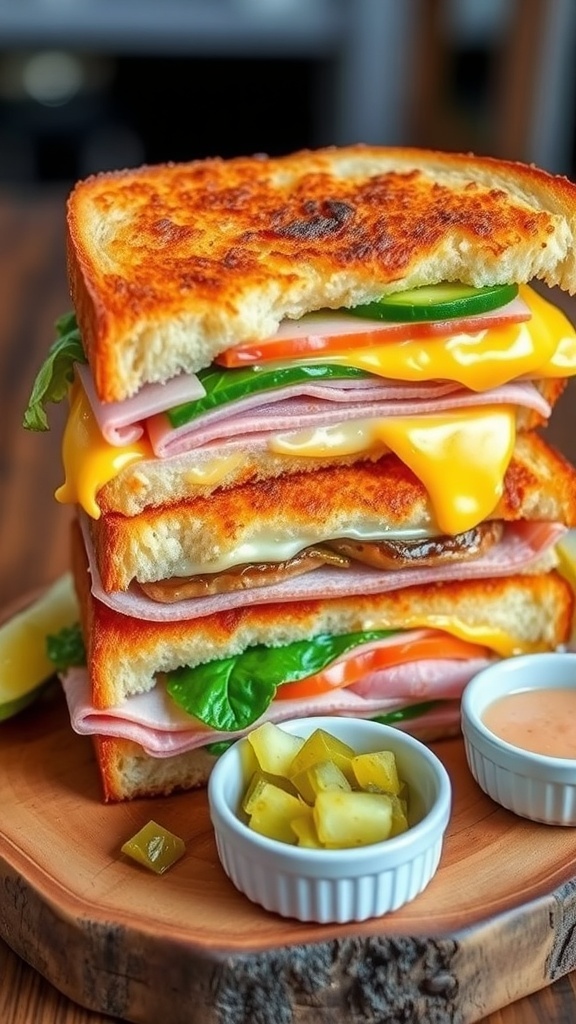A stacked toast sandwich with cheese, vegetables, and meats on a wooden board with pickles.